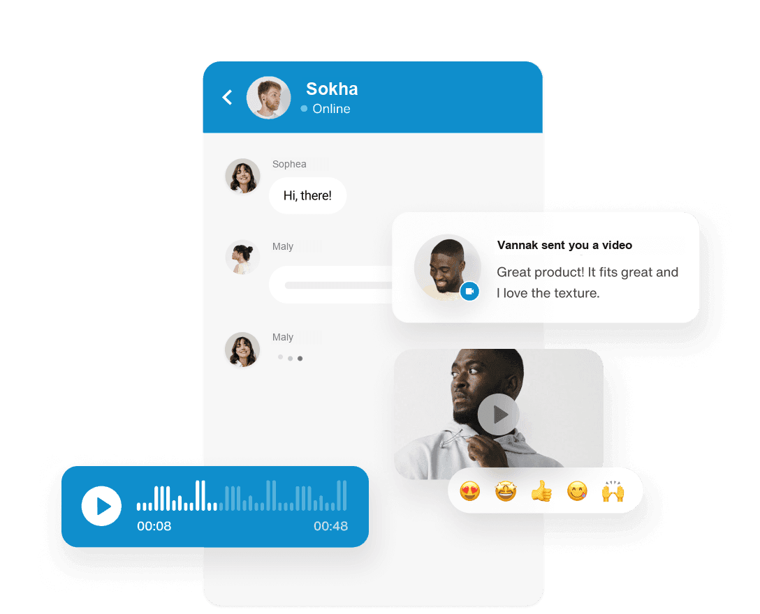 Chat UI with messaging, voice, video, and reactions